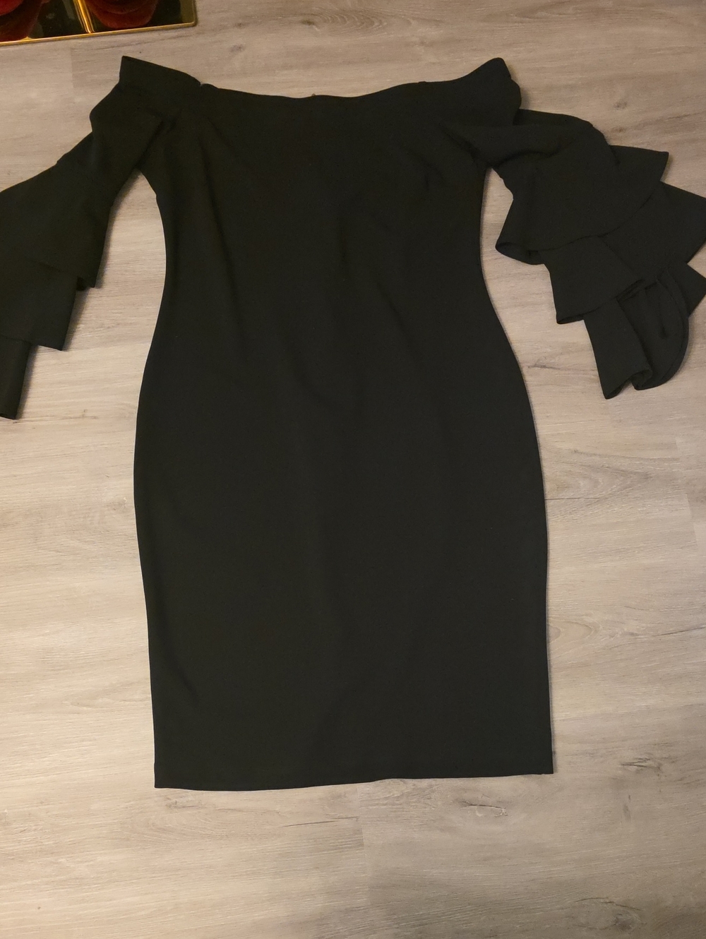 Off-Shoulder Black Dress with Tiered Ruffle Sleeves